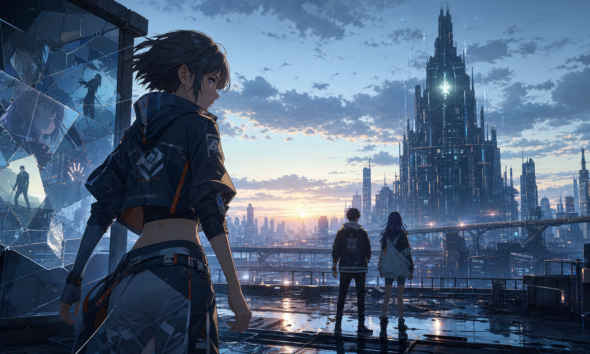 Original editorial illustration for the Free Fire Daybreak anime announcement showing a futuristic New Dawn skyline