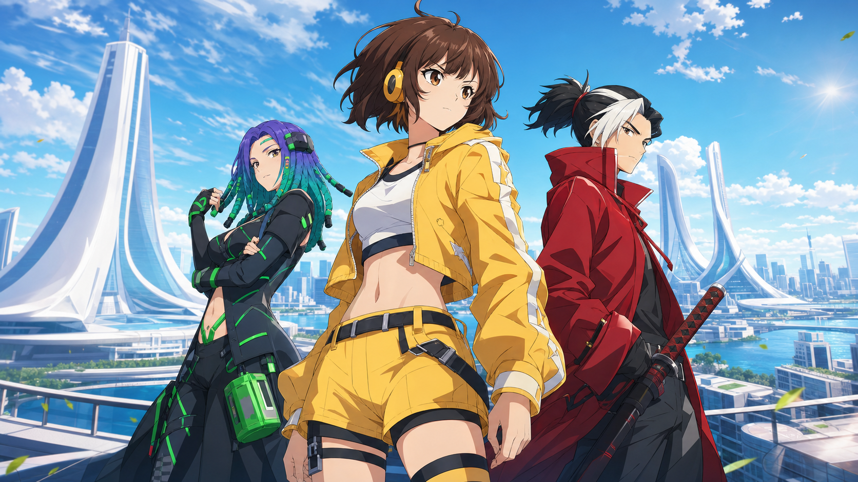 Kelly, Moco and Hayato overlooking the futuristic New Dawn skyline in Free Fire Daybreak