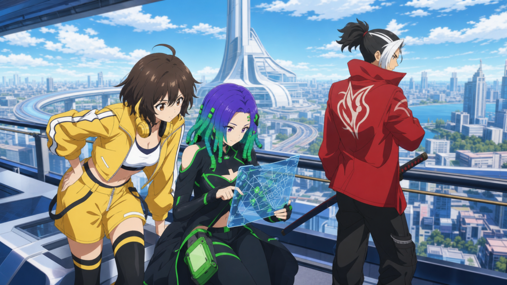 Kelly, Moco and Hayato plan their mission above New Dawn in Free Fire Daybreak