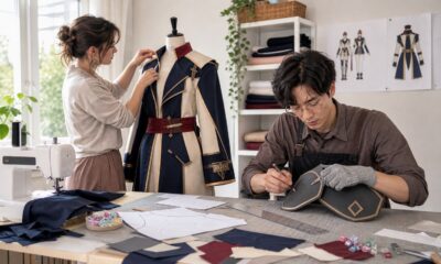 Anime costume DIY makers sewing a jacket and shaping EVA foam armor