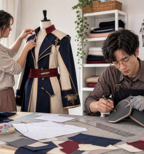 Anime costume DIY makers sewing a jacket and shaping EVA foam armor