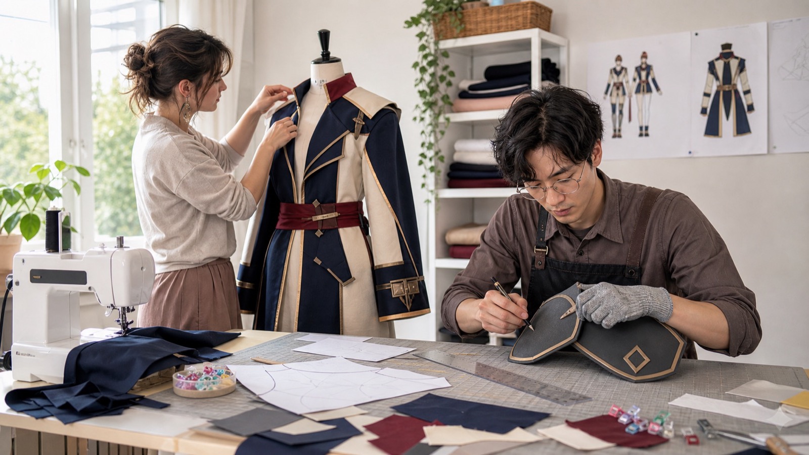 Anime costume DIY makers sewing a jacket and shaping EVA foam armor