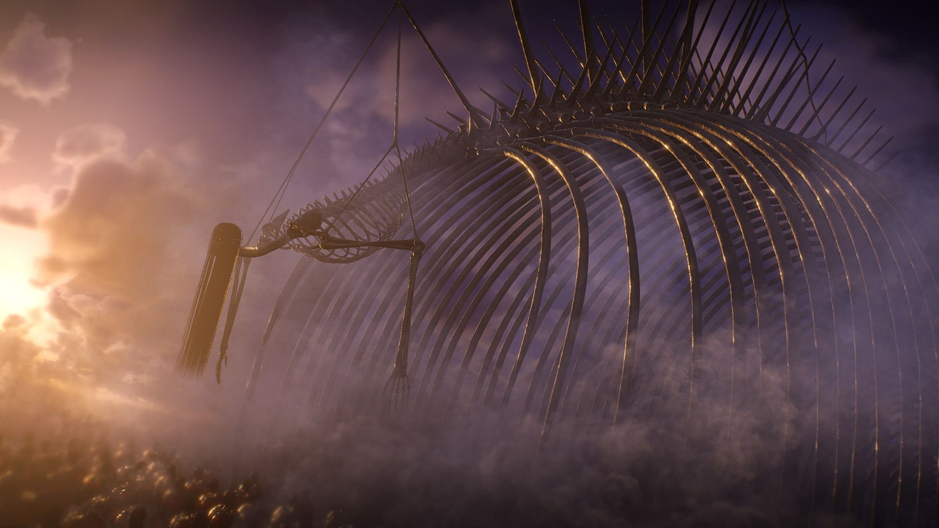 Official Attack on Titan 3 gameplay scene featuring a massive Titan skeleton