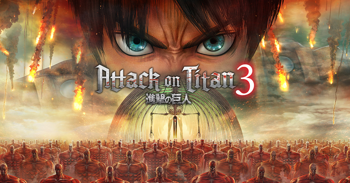 Official Attack on Titan 3 key art showing Eren, Titans and the game logo