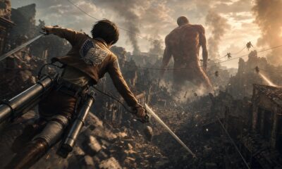 A Scout uses ODM gear against a Titan in an Attack on Titan 3 editorial illustration