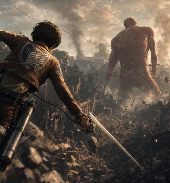 A Scout uses ODM gear against a Titan in an Attack on Titan 3 editorial illustration