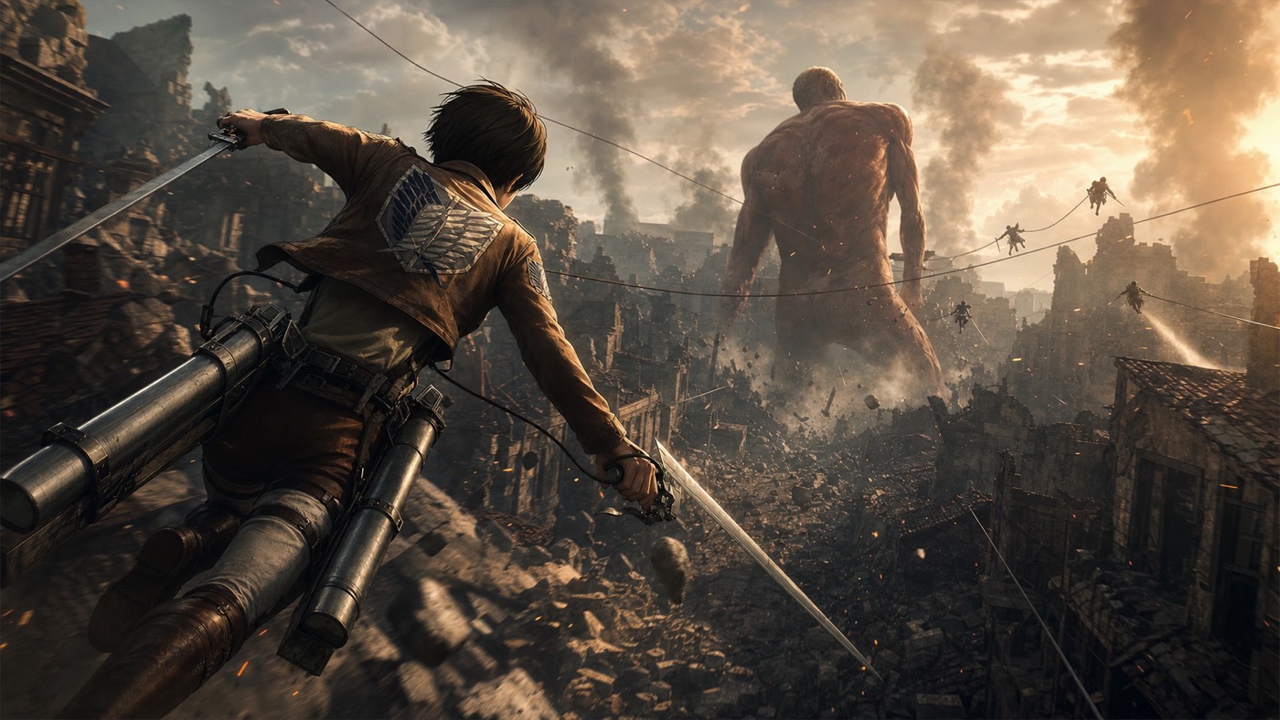 A Scout uses ODM gear against a Titan in an Attack on Titan 3 editorial illustration