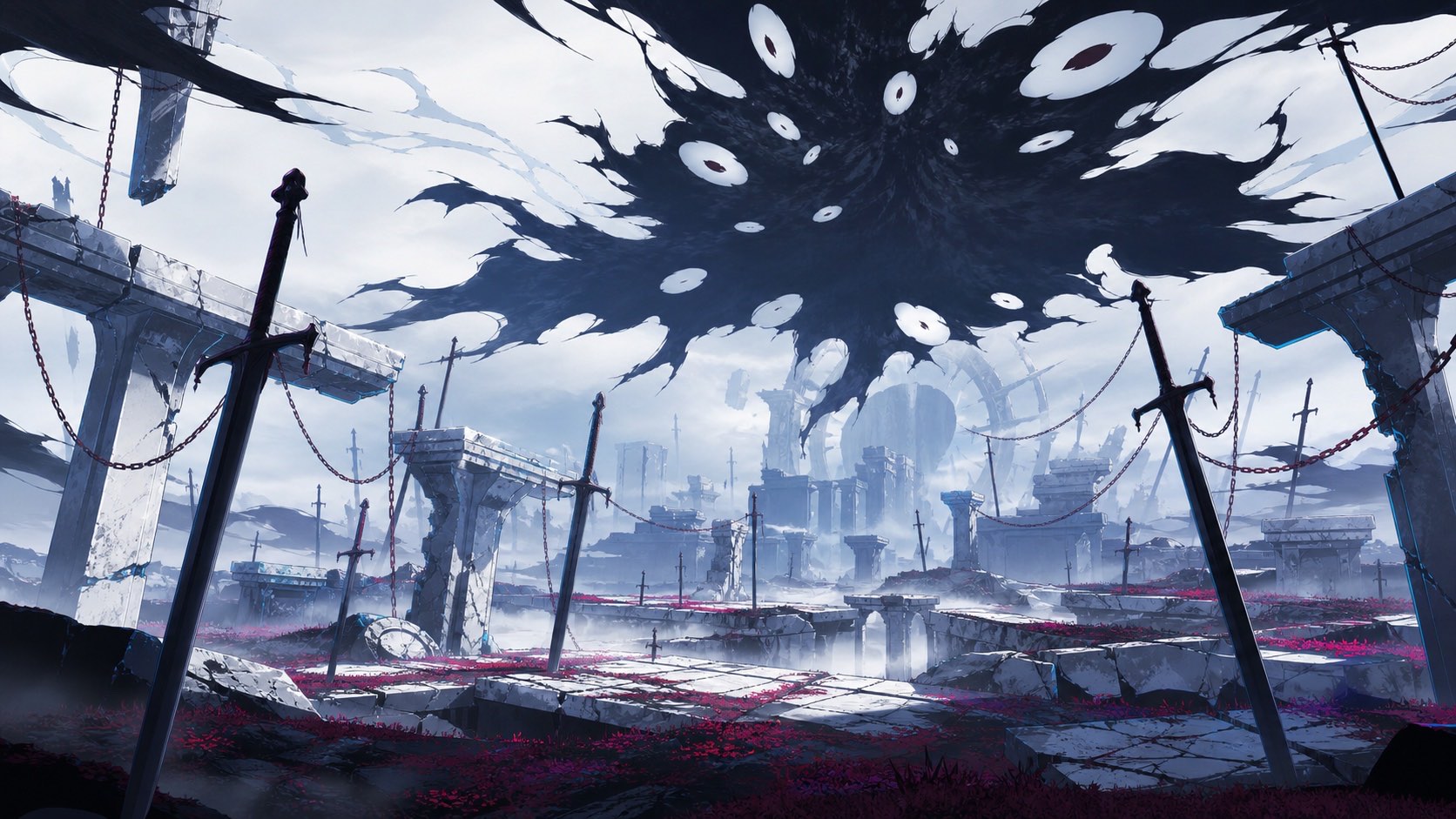 Bleach TYBW Part 4 sword field with broken white platforms beneath an ominous dark cloud.
