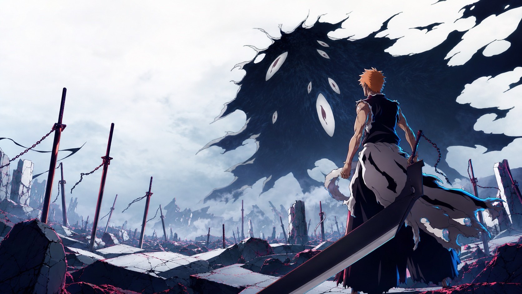 Ichigo faces a sword-filled battlefield beneath an ominous sky.