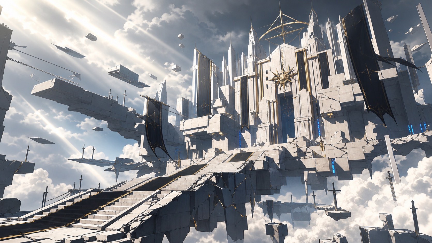 Bleach TYBW Part 4 editorial illustration of the monumental Wahr Welt fortress above the clouds.