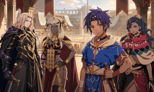 Cai, Dietrich, Theodora and Leda at the entrance to the Heroic Games arena