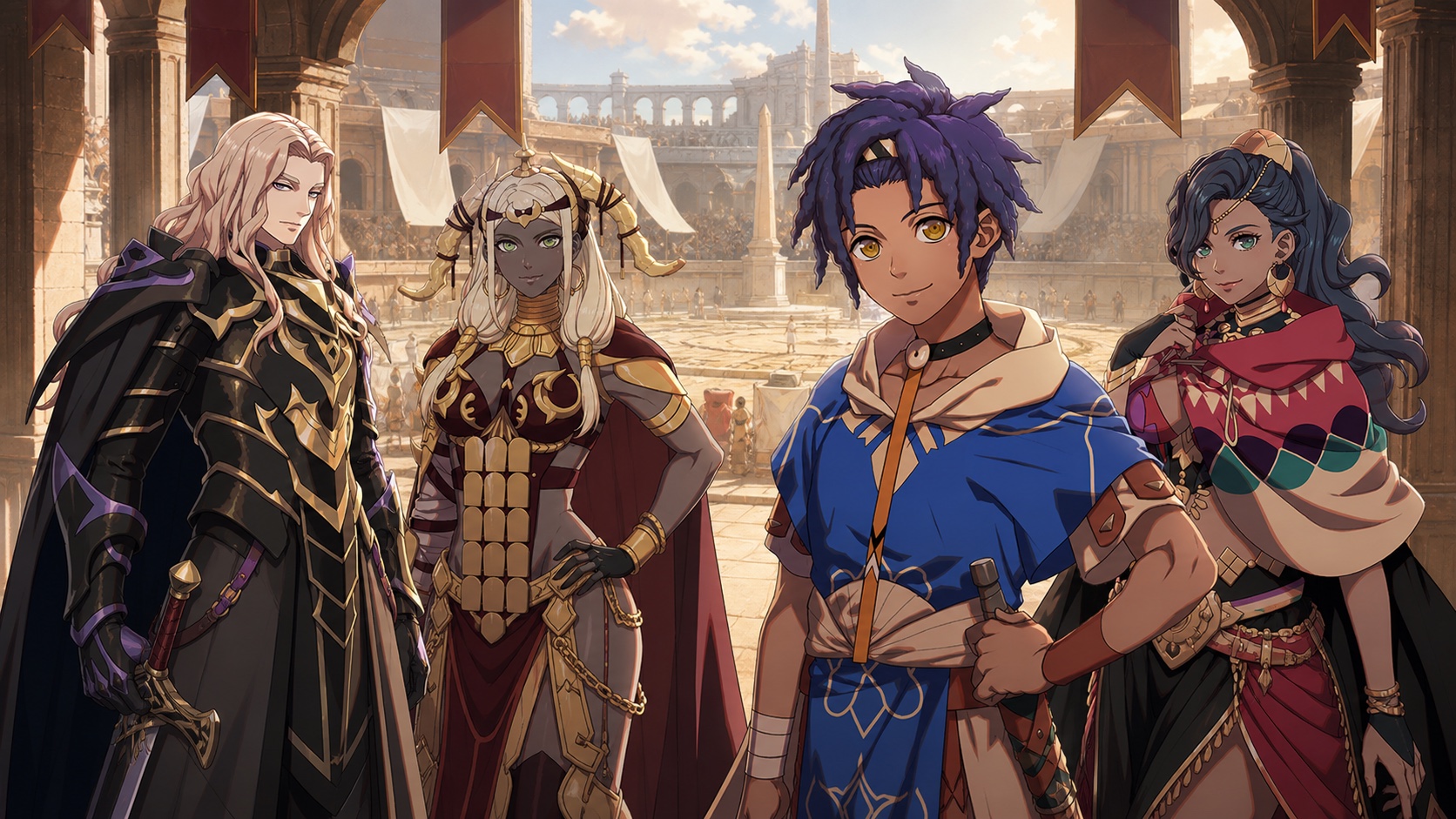 Cai, Dietrich, Theodora and Leda at the entrance to the Heroic Games arena
