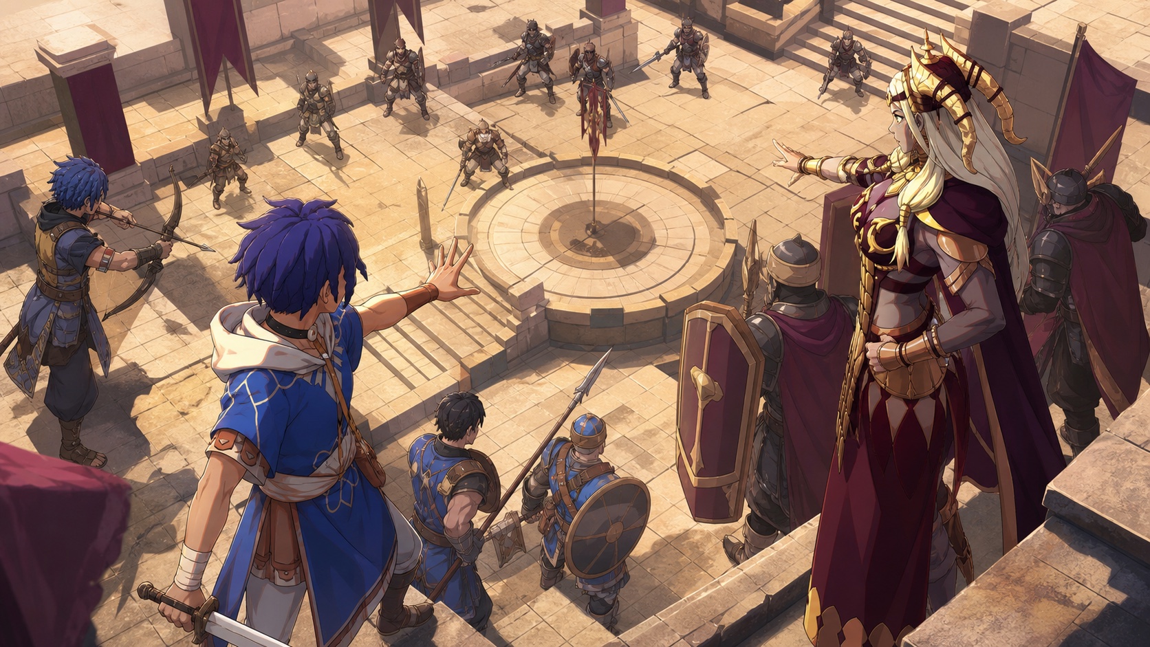 Fire Emblem: Fortune's Weave tactical arena battle led by Cai and Theodora