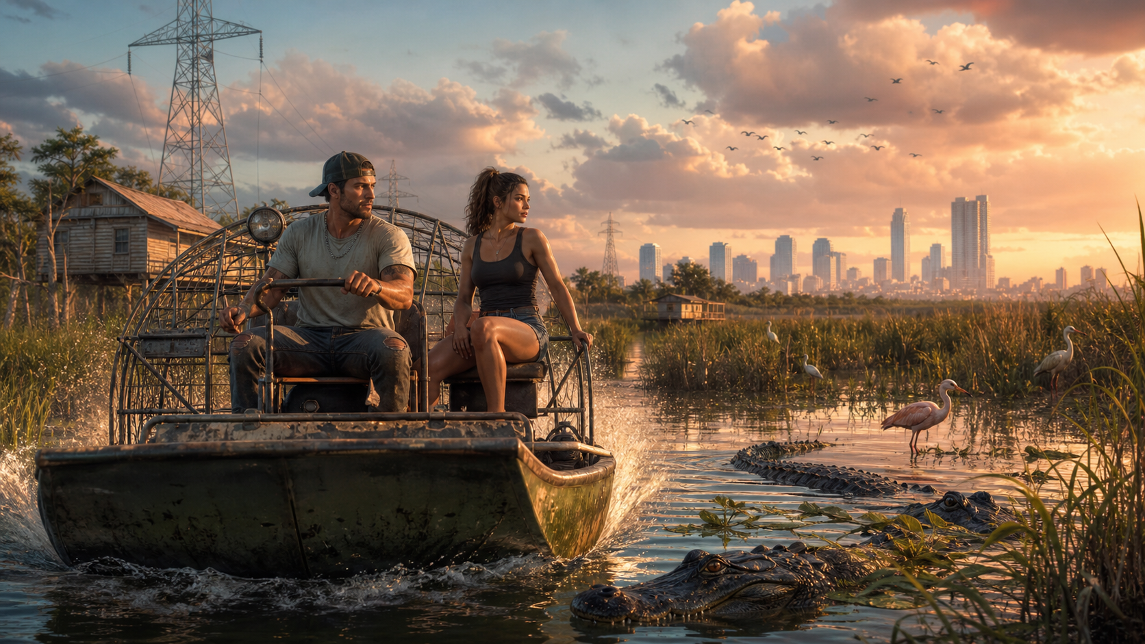 GTA 6 release date artwork showing Jason and Lucia riding an airboat through Leonida at sunset
