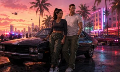 GTA 6 artwork showing Jason and Lucia beside a muscle car on a neon-lit Vice City boulevard