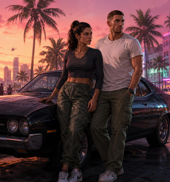 GTA 6 artwork showing Jason and Lucia beside a muscle car on a neon-lit Vice City boulevard
