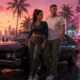 GTA 6 artwork showing Jason and Lucia beside a muscle car on a neon-lit Vice City boulevard