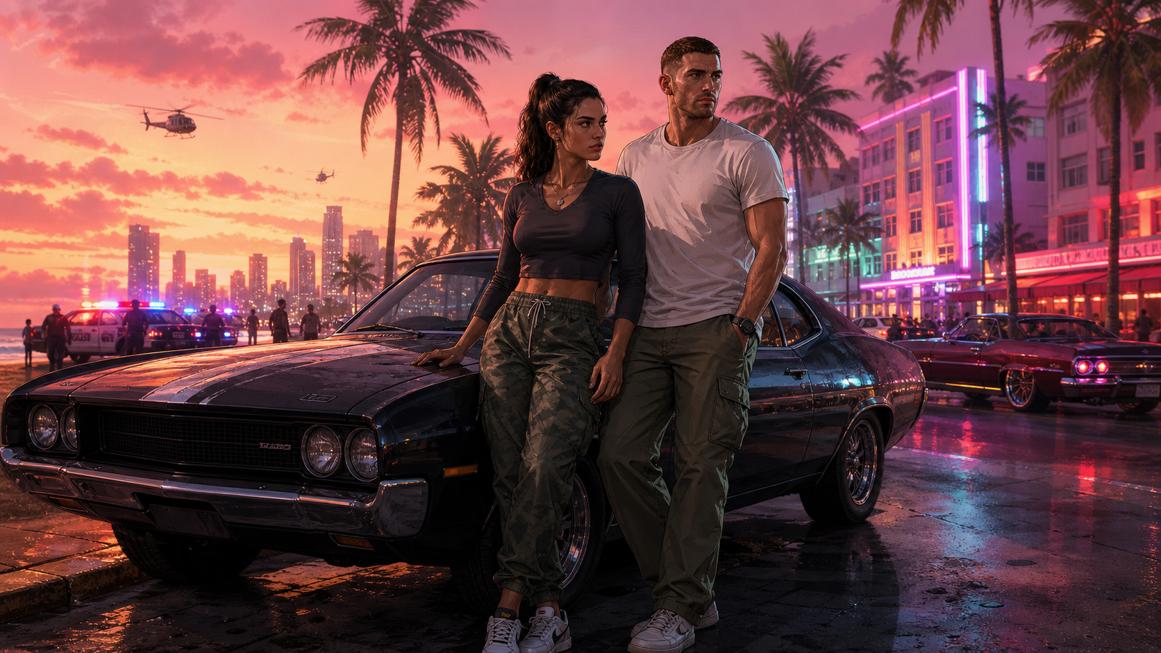 GTA 6 artwork showing Jason and Lucia beside a muscle car on a neon-lit Vice City boulevard