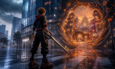 Keyblade hero standing between Quadratum and a marigold-lit fantasy world