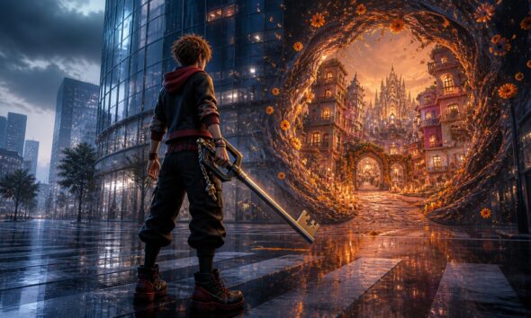 Keyblade hero standing between Quadratum and a marigold-lit fantasy world