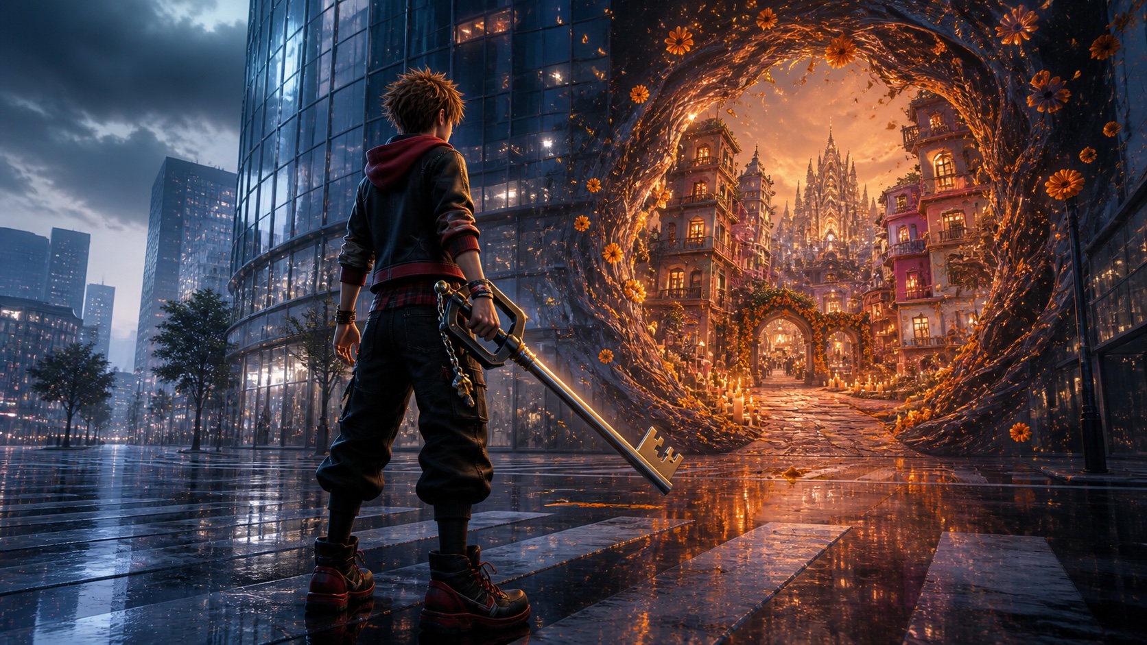 Keyblade hero standing between Quadratum and a marigold-lit fantasy world
