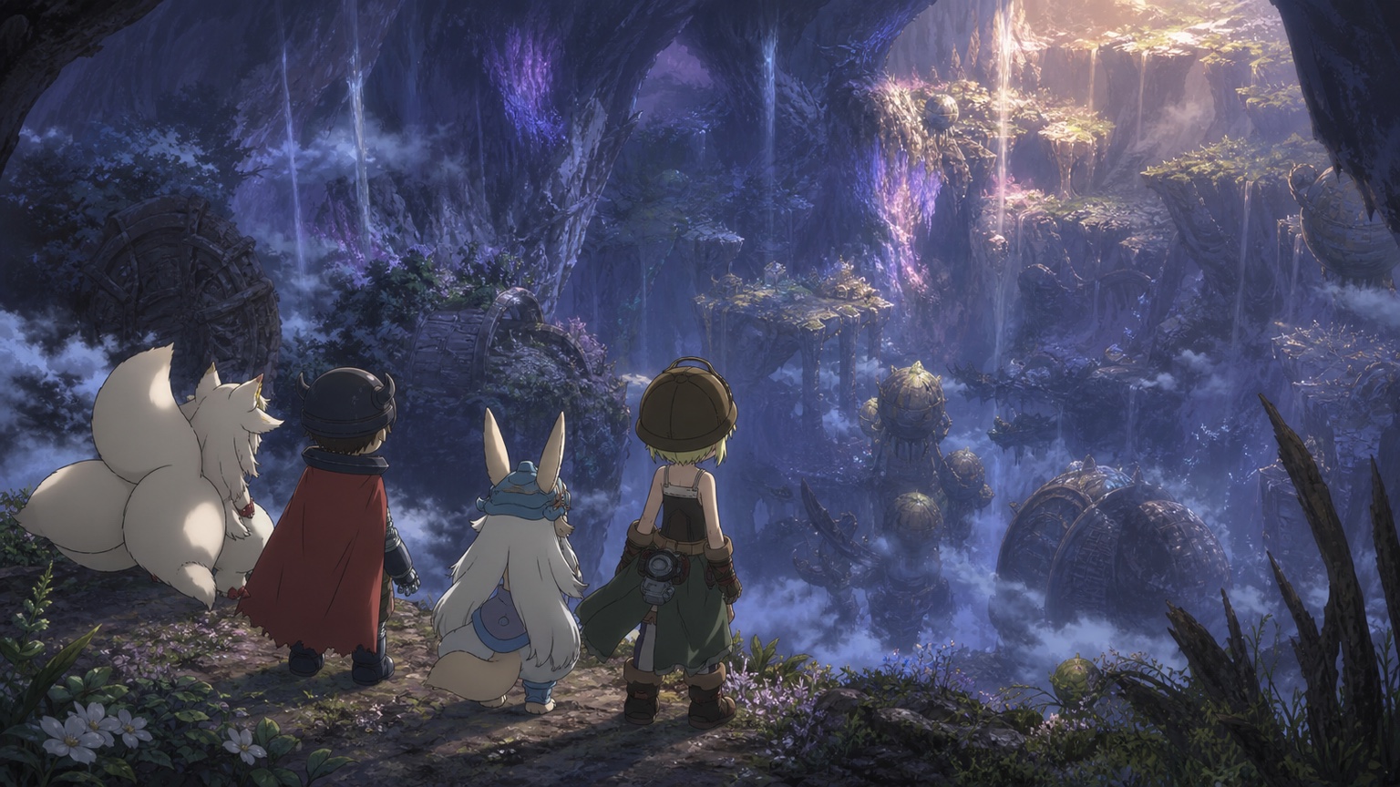 Riko, Reg, Nanachi and Faputa overlooking the Seventh Layer in Made in Abyss