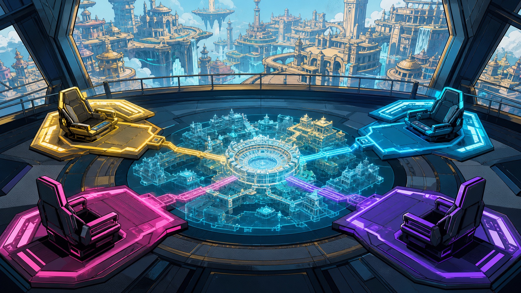 Marvel Tokon Fighting Souls artwork showing four color-coded team stations around an arena map