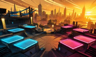 Marvel Tokon Fighting Souls artwork showing eight illuminated team platforms above a comic-style city arena