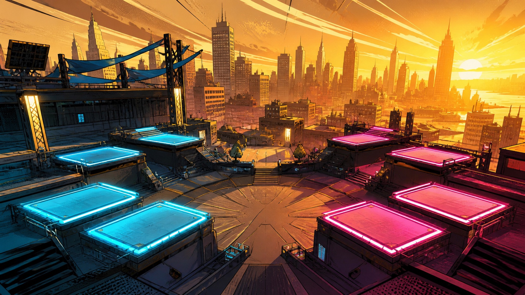 Marvel Tokon Fighting Souls artwork showing eight illuminated team platforms above a comic-style city arena