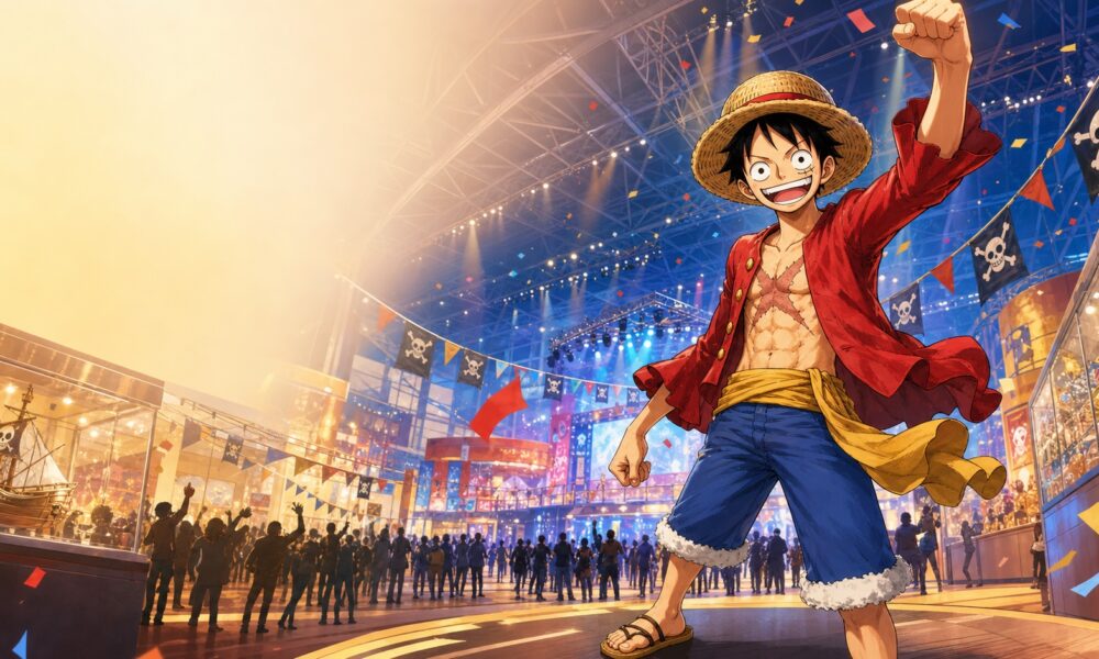 Luffy welcoming fans inside a large One Piece Day convention hall