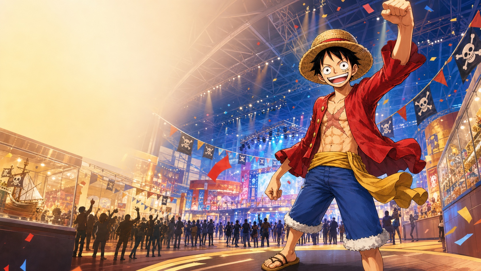 Luffy welcoming fans inside a large One Piece Day convention hall