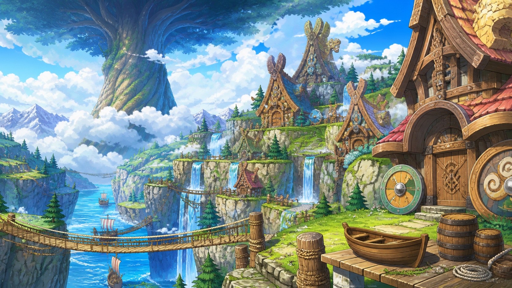 One Piece Episode 1173 artwork showing the immense World Tree above giant-scale houses and waterfalls in Elbaph.