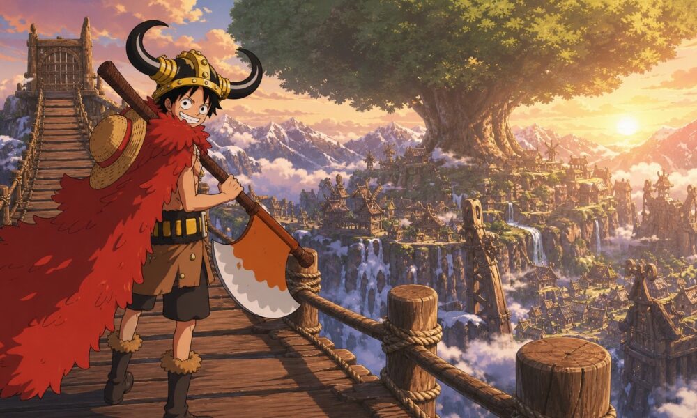 Luffy overlooks the giant-scale land of Elbaph while wearing his horned helmet and red fur cloak.
