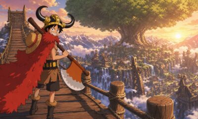 Luffy overlooks the giant-scale land of Elbaph while wearing his horned helmet and red fur cloak.
