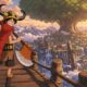 Luffy overlooks the giant-scale land of Elbaph while wearing his horned helmet and red fur cloak.