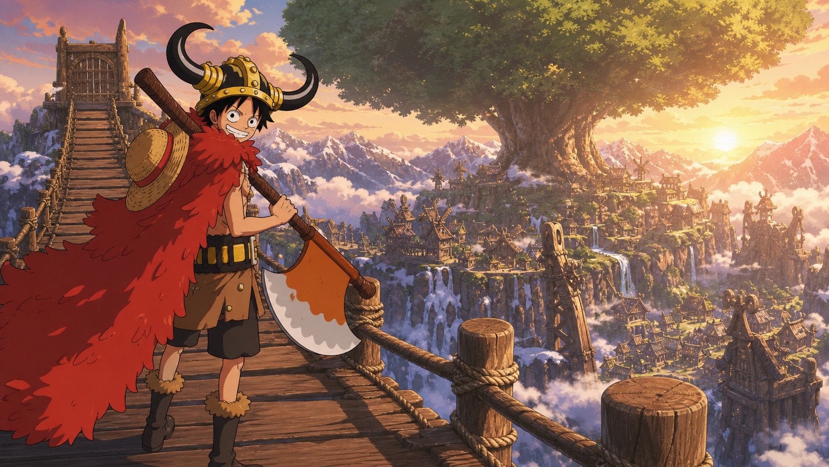 Luffy overlooks the giant-scale land of Elbaph while wearing his horned helmet and red fur cloak.