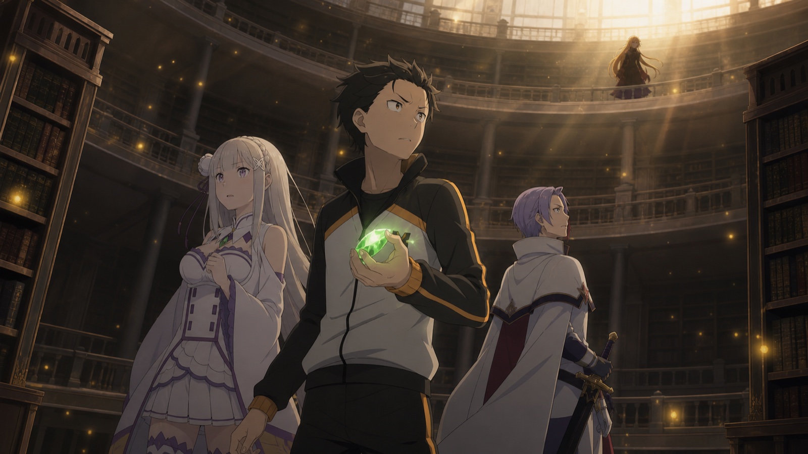Subaru, Emilia, and Julius inside Pleiades Watchtower in Re:Zero Season 4 Part 2