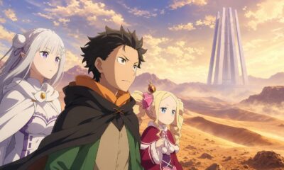Subaru, Emilia and Beatrice overlooking the Augria Sand Dunes and Pleiades Watchtower