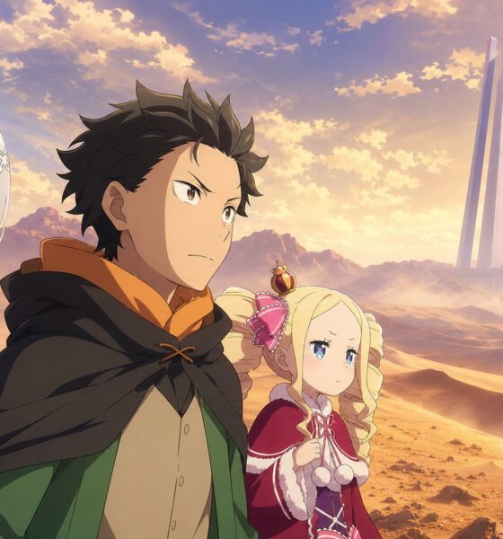 Subaru, Emilia and Beatrice overlooking the Augria Sand Dunes and Pleiades Watchtower