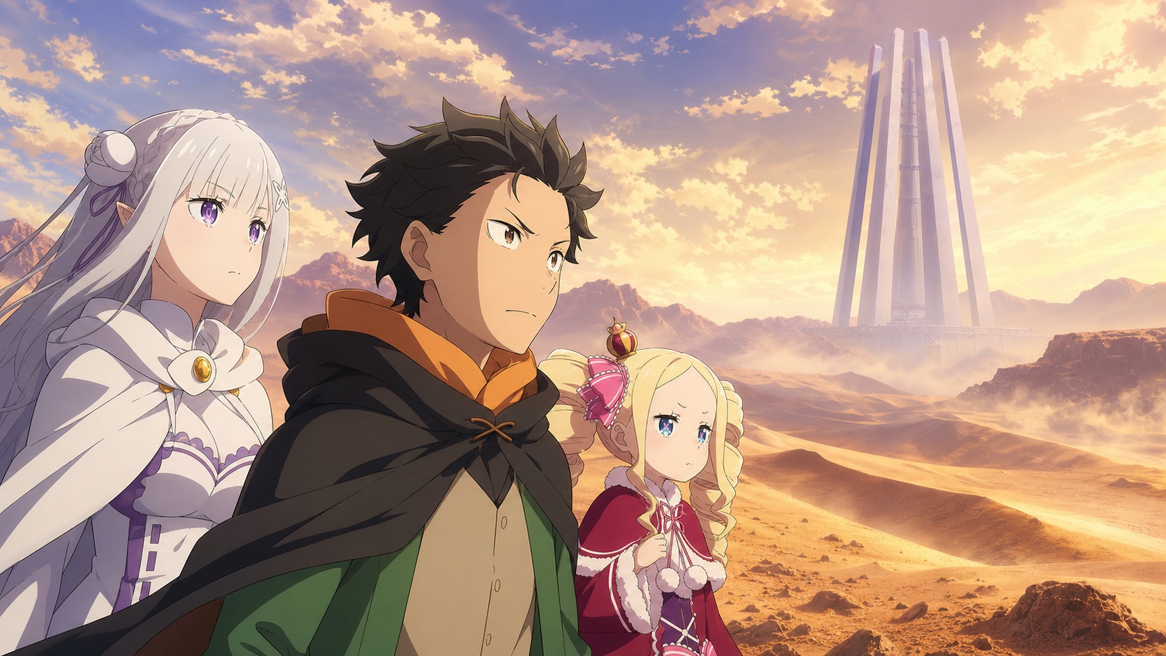 Subaru, Emilia and Beatrice overlooking the Augria Sand Dunes and Pleiades Watchtower