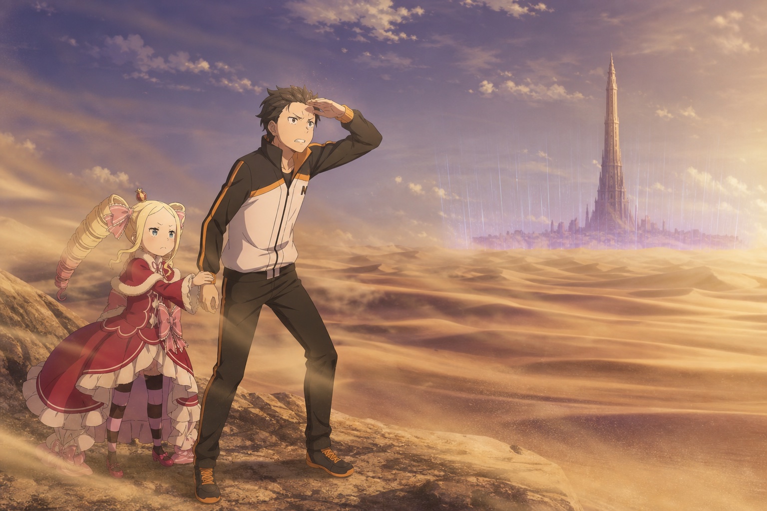 Subaru and Beatrice in Re:Zero Season 4 Part 2 crossing the Augria Sand Dunes