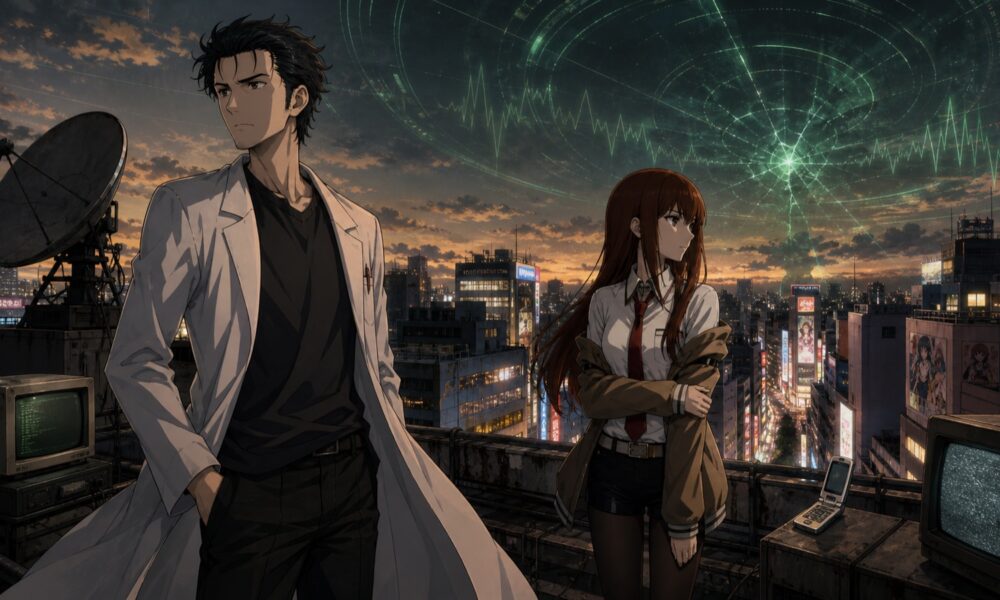 Rintaro Okabe and Kurisu Makise overlooking Akihabara in Steins;Gate Re:Boot artwork