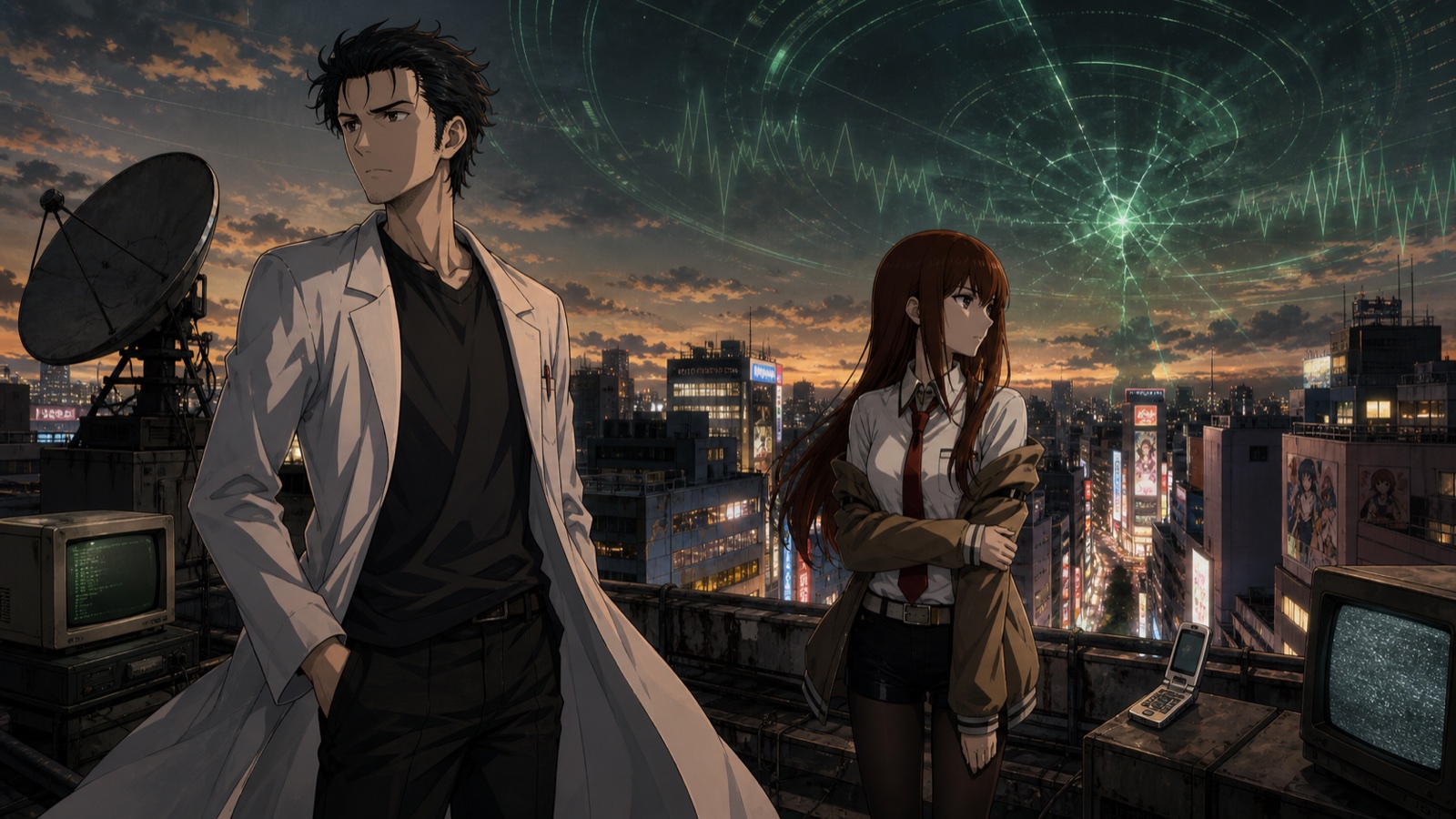 Rintaro Okabe and Kurisu Makise overlooking Akihabara in Steins;Gate Re:Boot artwork