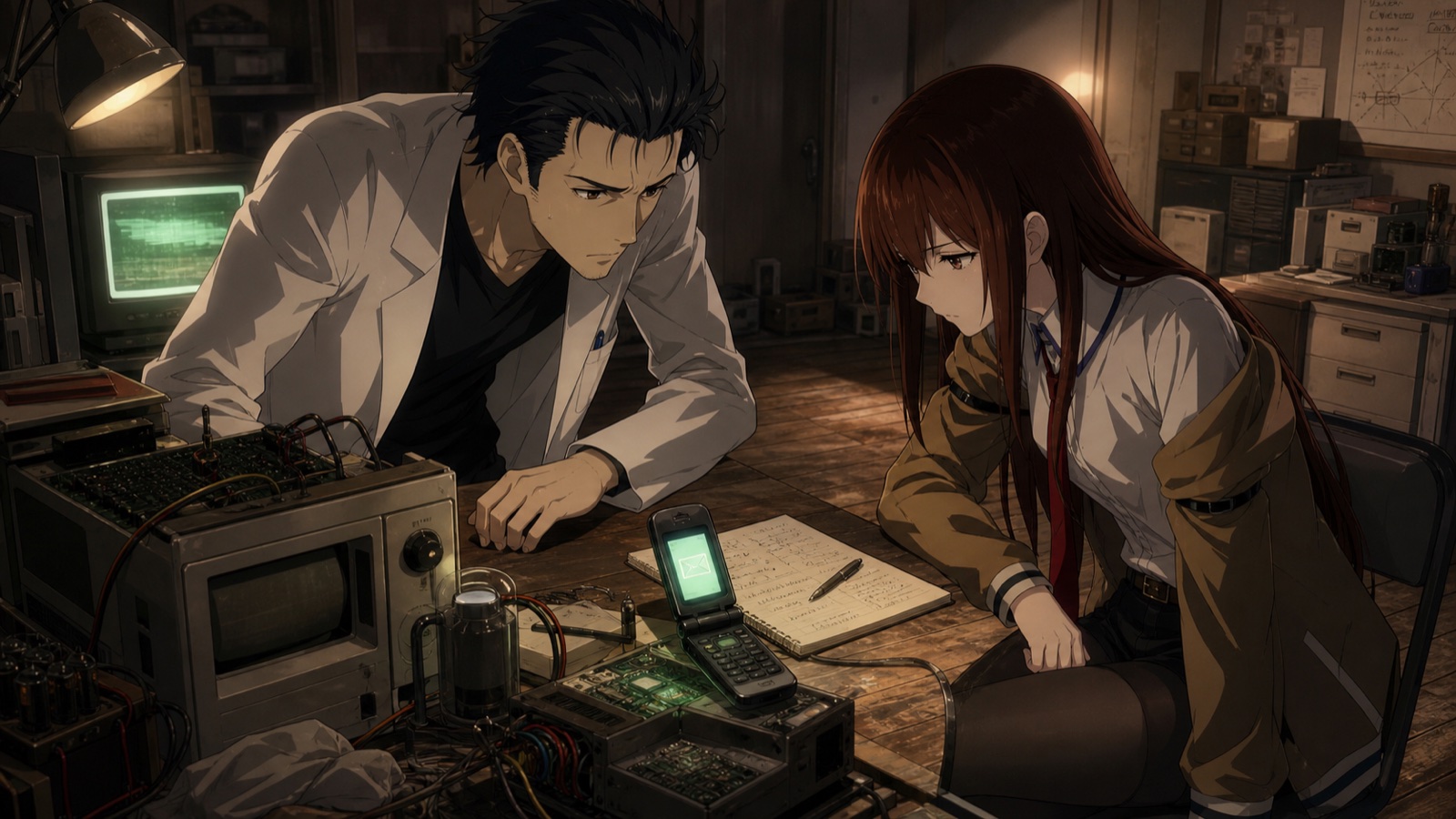 Steins;Gate Re:Boot release date artwork showing Okabe and Kurisu examining the Phone Trigger system in the Future Gadget Laboratory