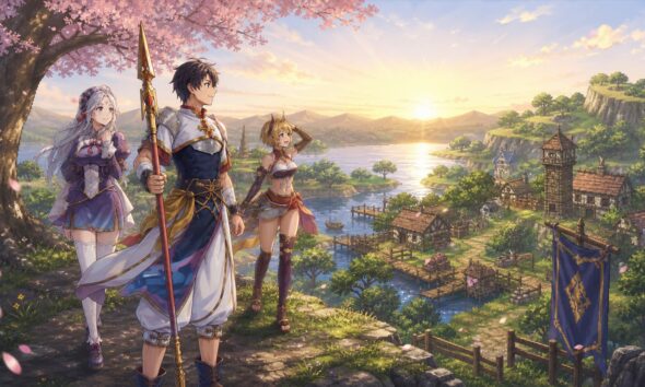 Suikoden STAR LEAP artwork of the Hero, Hisui and Shirin overlooking a restored lakeside village
