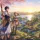 Suikoden STAR LEAP artwork of the Hero, Hisui and Shirin overlooking a restored lakeside village
