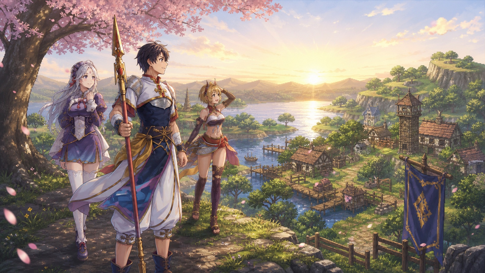 Suikoden STAR LEAP artwork of the Hero, Hisui and Shirin overlooking a restored lakeside village