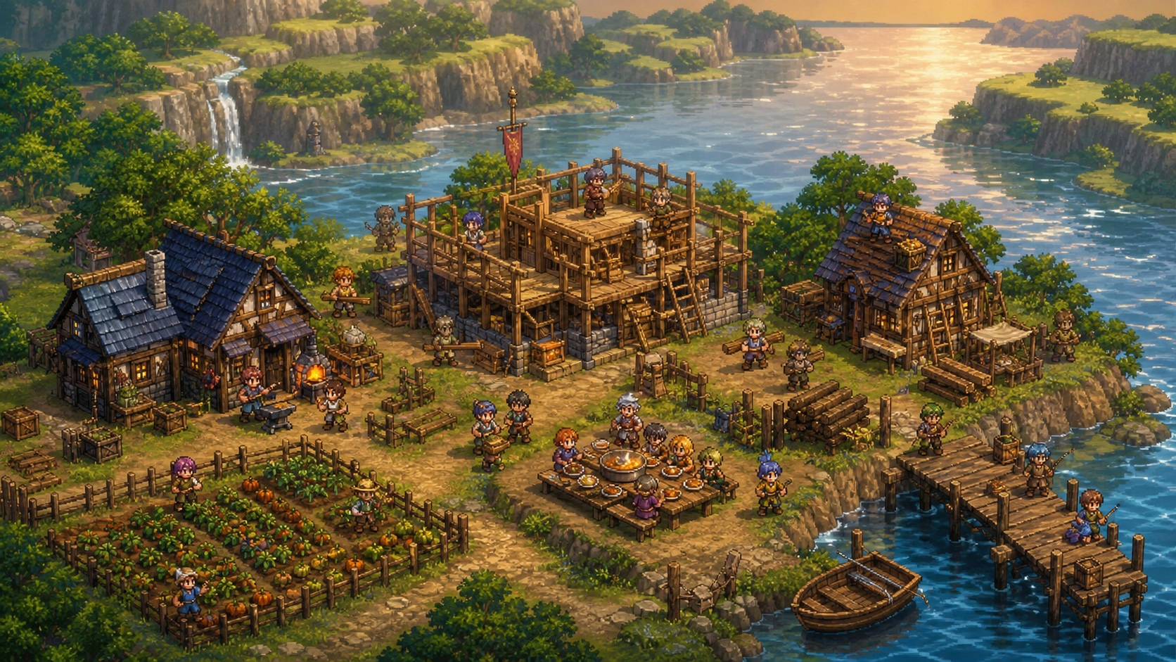 Suikoden STAR LEAP artwork of villagers rebuilding a lakeside headquarters and sharing a group meal
