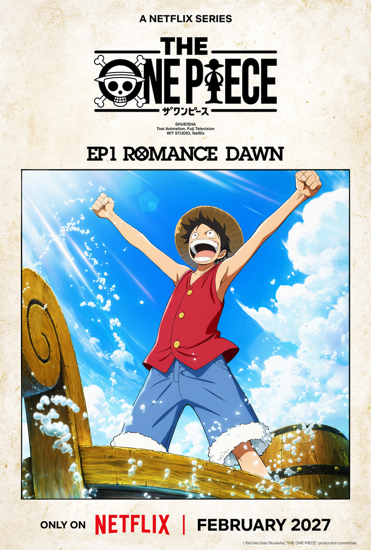 Luffy raises his fists aboard a boat in official THE ONE PIECE Netflix artwork