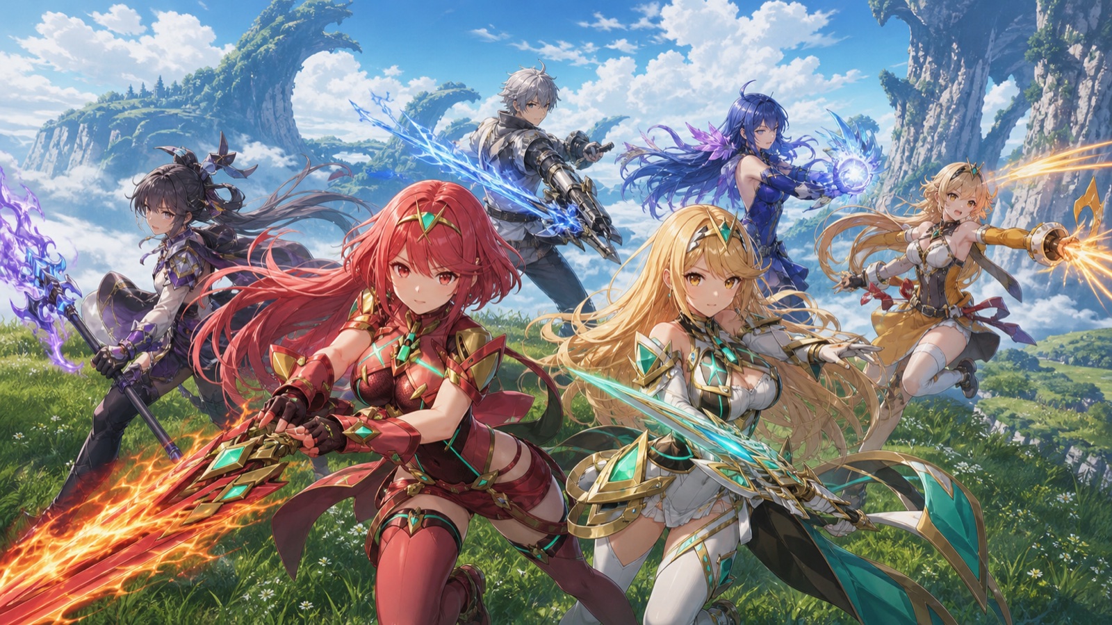 Xenoblade Chronicles 2 Switch 2 Edition Merc Assault artwork with Pyra, Mythra and Blade allies
